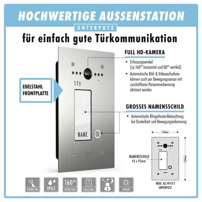Hochwertiges Außensprechanlage mit Unterputzmontage, mit Full-HD-Kamera, großem Namensschild und Metallvorderblende für einfache Kommunikation.