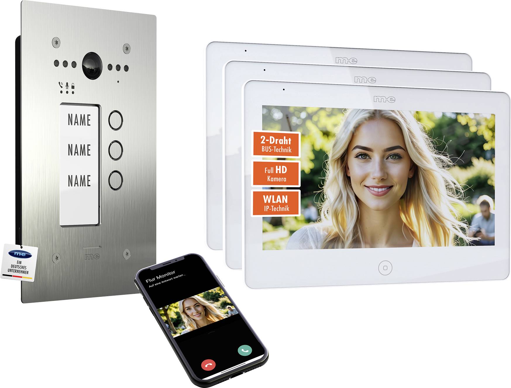 m-e modern-electronics ALL-VF30S-M10W-IPS Video-Türsprechanlage 2-Draht, WLAN 2-Drahtübertrager Edelstahl, Weiß