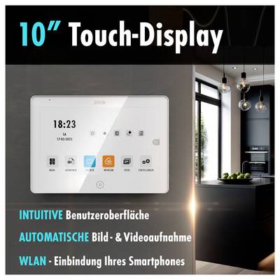 „10" Touch-Display" wird neben einer Smart-Home-Steuerungsplattform angezeigt. Der Text hebt die Funktionen hervor: intuitive Bedienoberfläche, automatische Erfassung und Smartphone-WLAN-Integration.