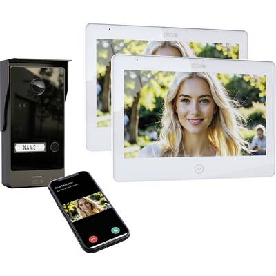 Haustelefonsystem mit einer Videoanrufschnittstelle auf zwei Bildschirmen und einem Smartphone, mit einer Frau auf dem Bildschirm und einer Klingelanlage mit der Bezeichnung „NAME".
