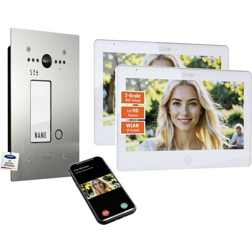 m-e modern-electronics ALL-VF10S-2M10W-IPS Video-Türsprechanlage 2-Draht, WLAN Silber, Weiß
