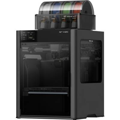 Ein 3D-Drucker mit einer Filamentlagerstelle oben, die mehrere farbige Spulen hält. Der Drucker verfügt über ein transparentes Frontpaneel.