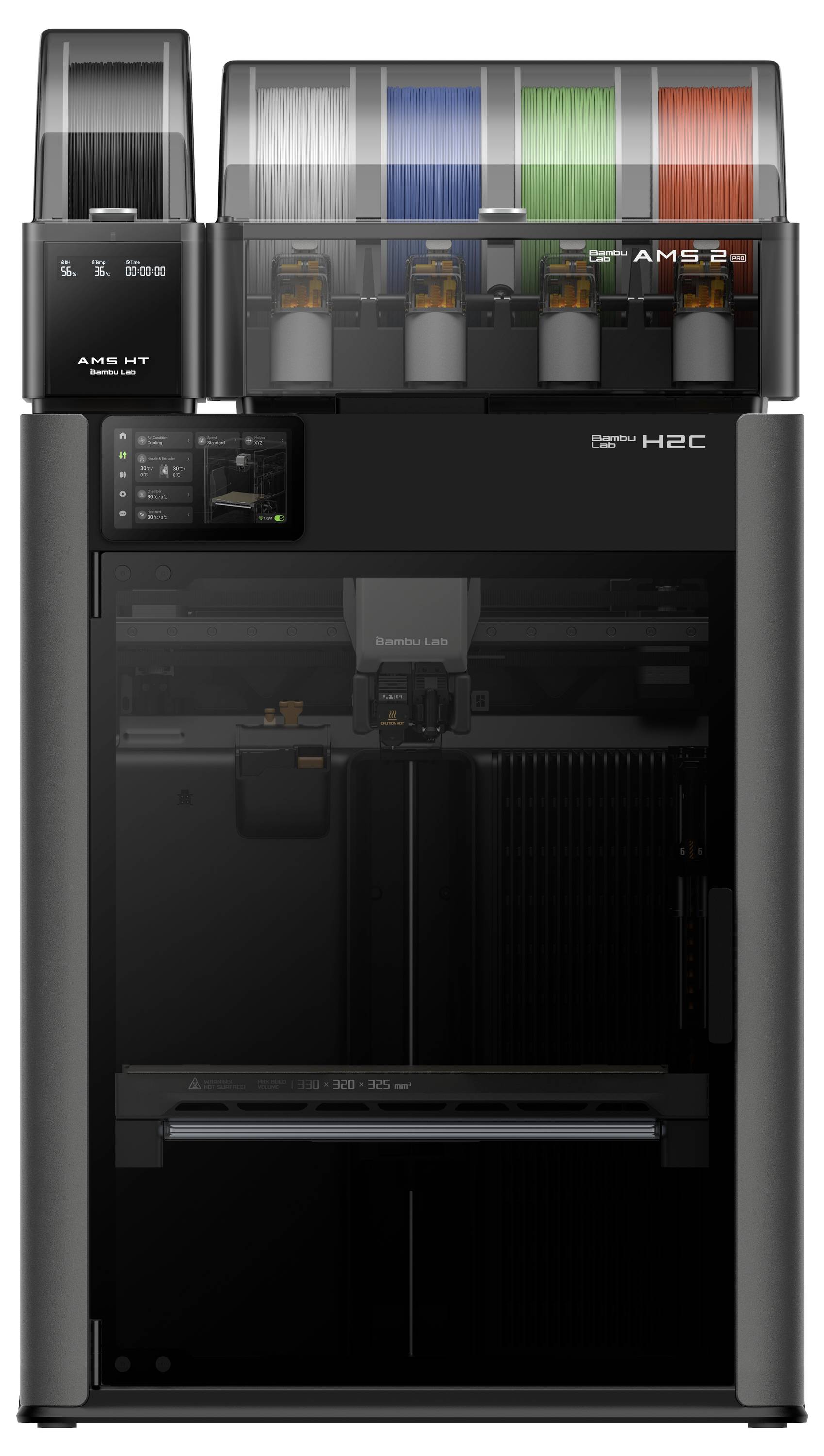 Ein 3D-Drucker mit mehreren Filamentspulen in Schwarz, Weiß, Blau, Grün und Rot, die oben geladen sind. Das Display zeigt Einstellungen und Status an.