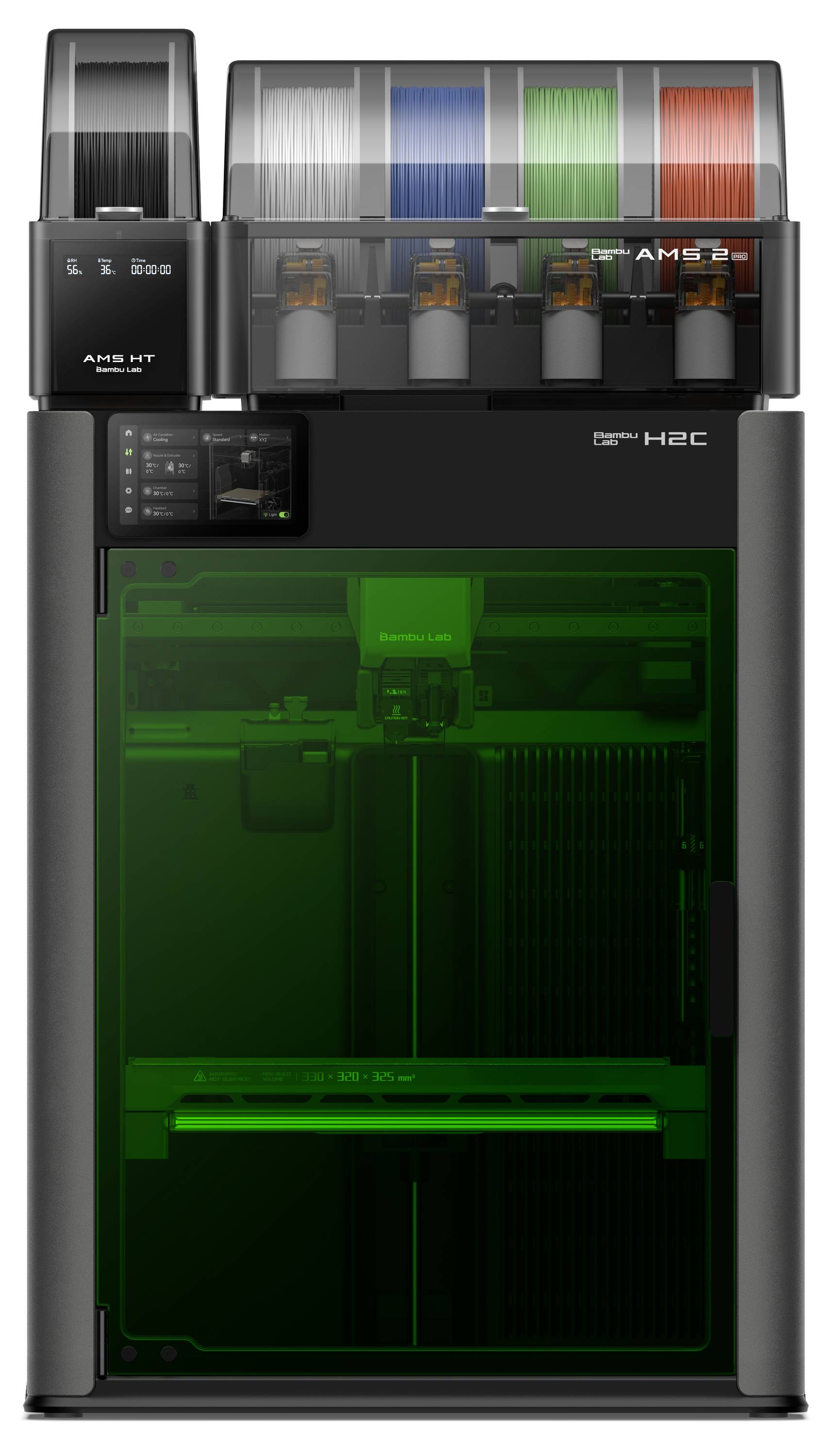 Ein 3D-Drucker mit einem grünen transparenten Gehäuse, das mehrere Filamentrollen oben zeigt.