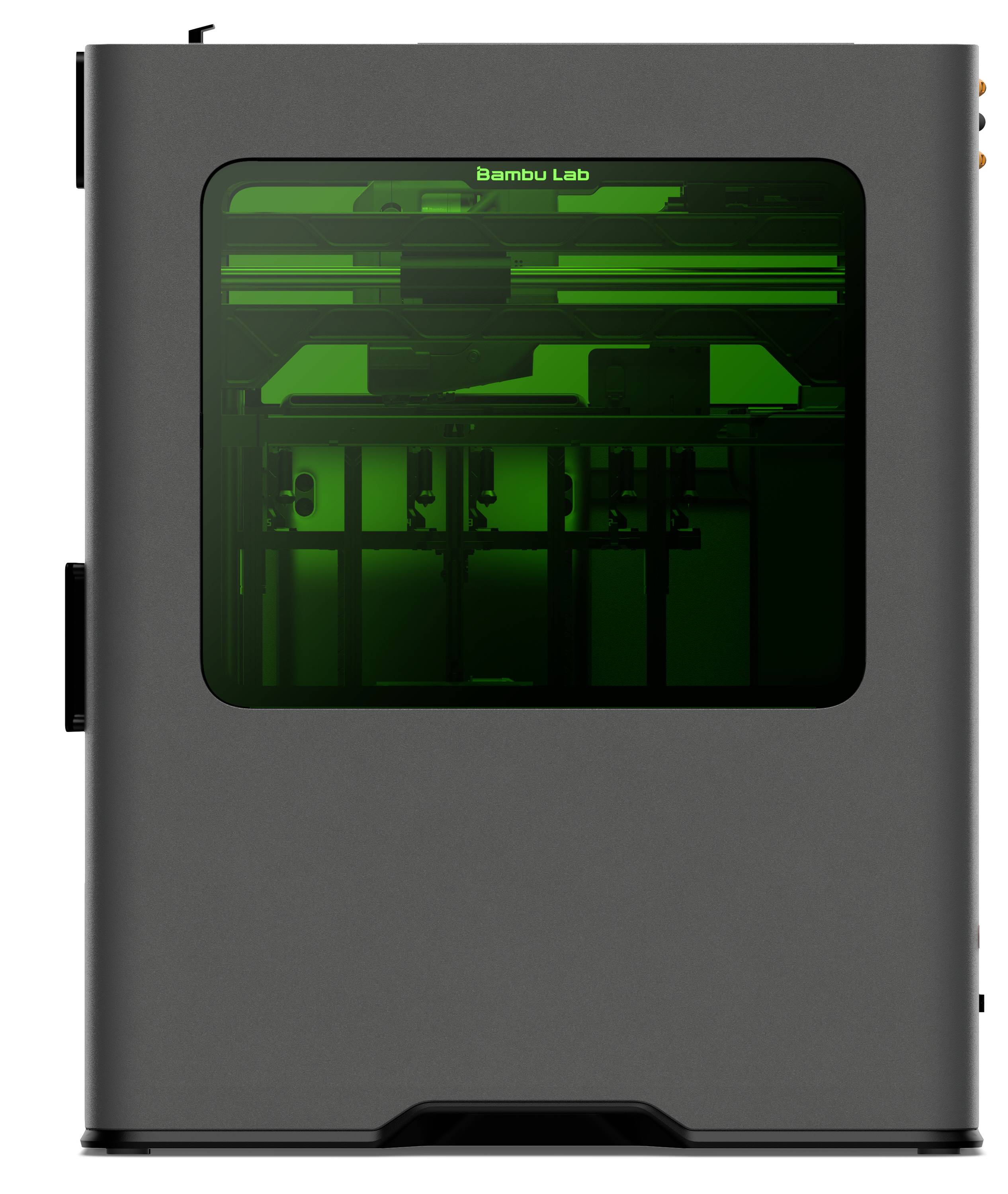 Ein schlanker, moderner 3D-Drucker mit grauem Gehäuse und einem transparenten grünen Sichtfenster, das den internen Druckmechanismus präsentiert.
