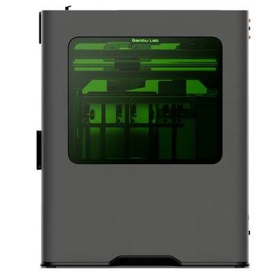 Ein schlanker, moderner 3D-Drucker mit grauem Gehäuse und einem transparenten grünen Sichtfenster, das den internen Druckmechanismus präsentiert.