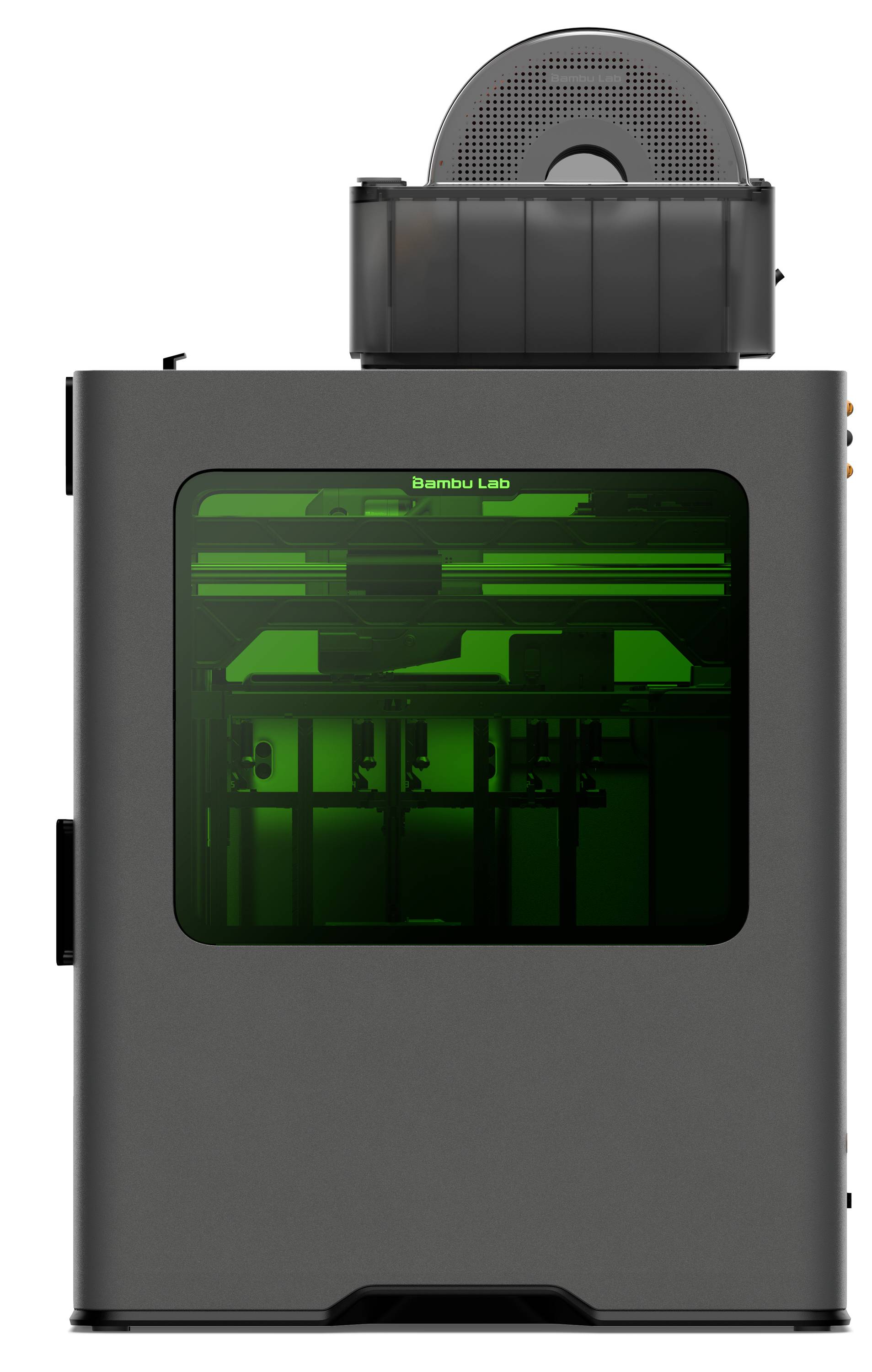 Ein 3D-Drucker mit einer transparenten grünen Fronttür, die innere Komponenten zeigt, und eine Filamentspule oben.