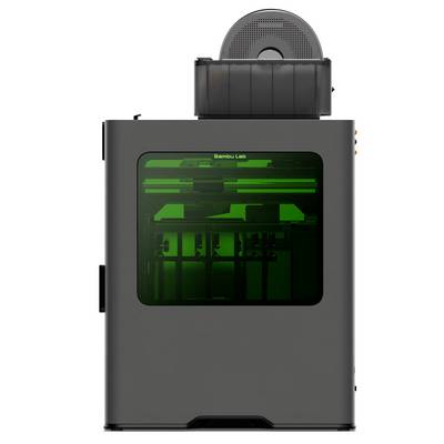 Ein 3D-Drucker mit einer transparenten grünen Fronttür, die innere Komponenten zeigt, und eine Filamentspule oben.