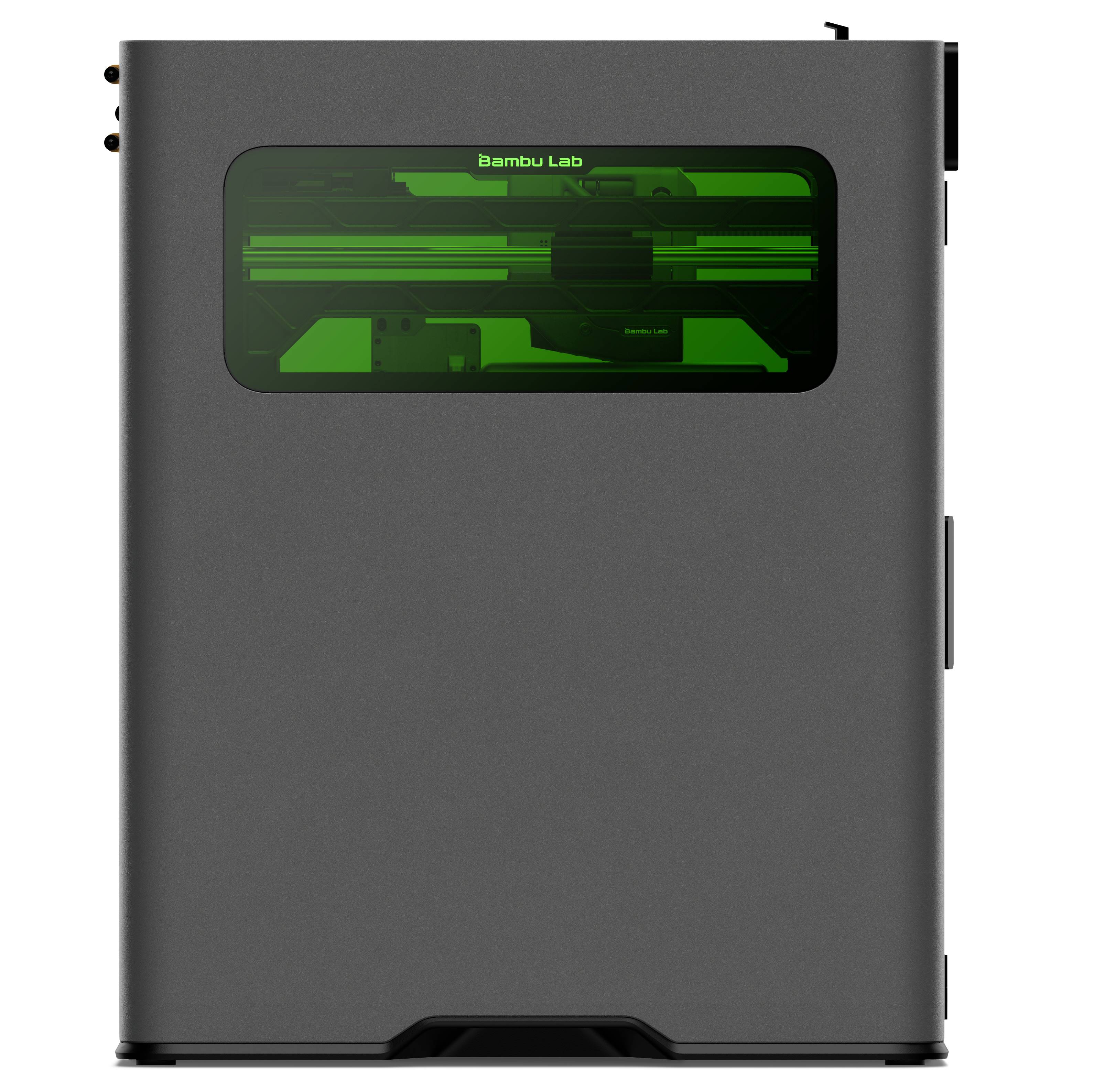 Ein schlanker schwarzer 3D-Drucker mit einem grün beleuchteten Innenfenster, das mechanische Komponenten zeigt.