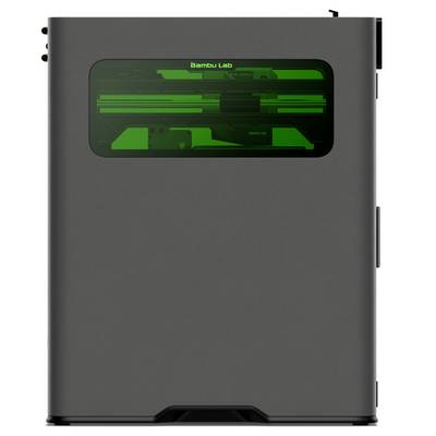 Ein schlanker schwarzer 3D-Drucker mit einem grün beleuchteten Innenfenster, das mechanische Komponenten zeigt.