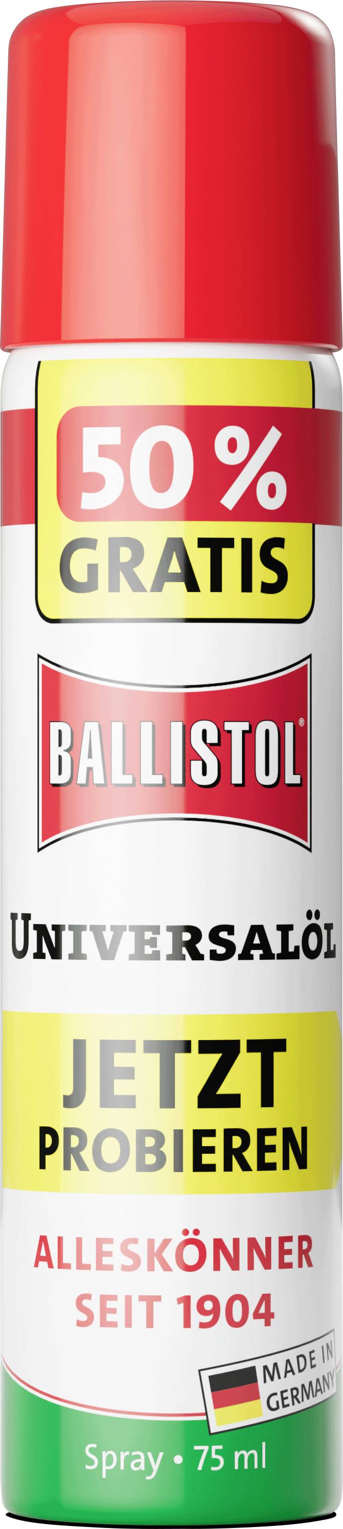 Rot-weiße Sprühdose mit der Aufschrift „Ballistol Universalöl." Oben steht „50% Gratis" und „Jetzt probieren" in Gelb. Unten ist vermerkt „Seit 1904" und „Made in Germany."