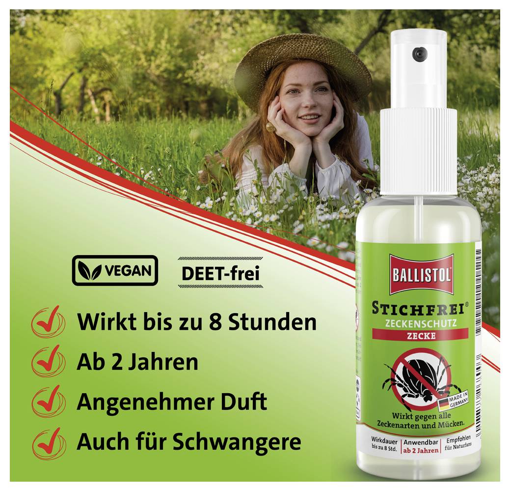 Ballistol Stichfrei Zeckenschutz: Vegan, DEET-frei, wirkt bis zu 8 Stunden, ab 2 Jahren anwendbar, angenehmer Duft, auch für Schwangere.