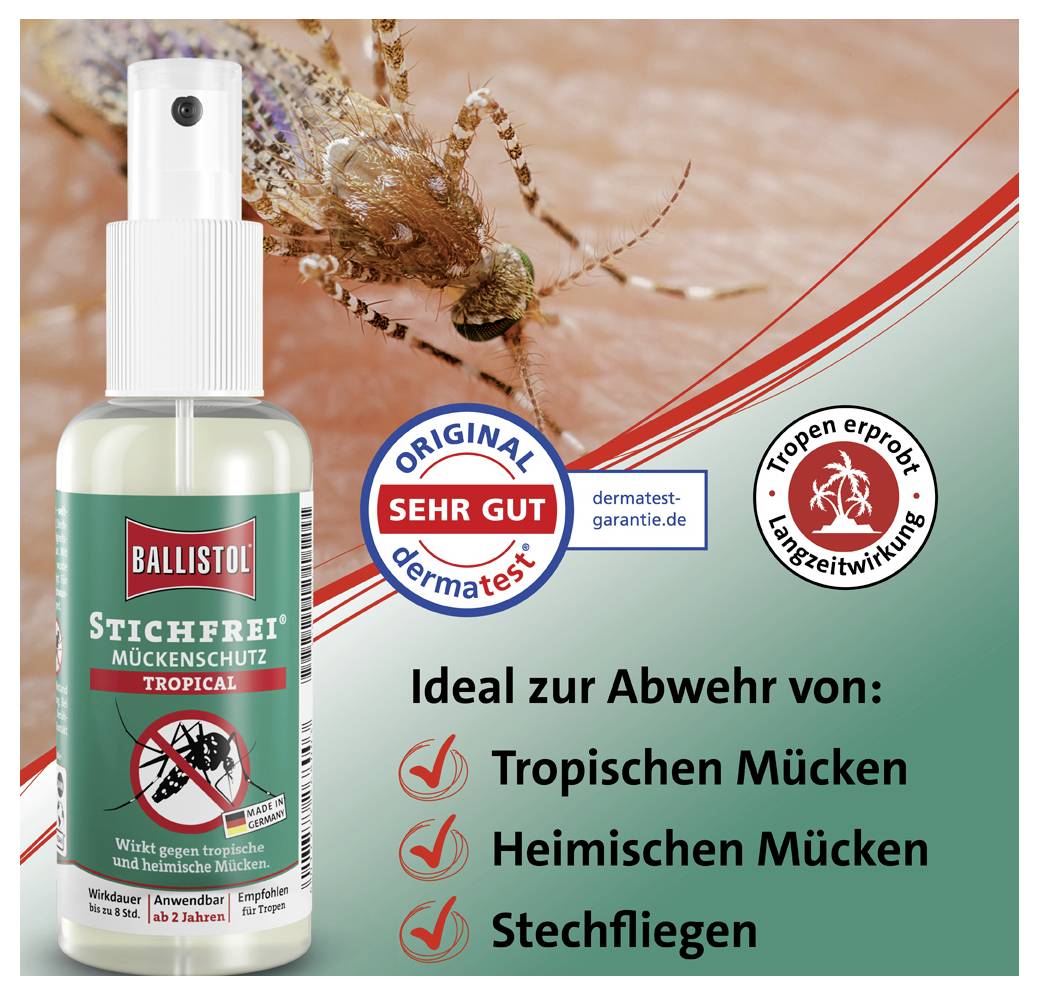 Eine Sprühflasche mit Tropen-Mückenschutz. Text: 'Ideal zur Abwehr von: Tropischen Mücken, Heimischen Mücken, Stechfliegen.'