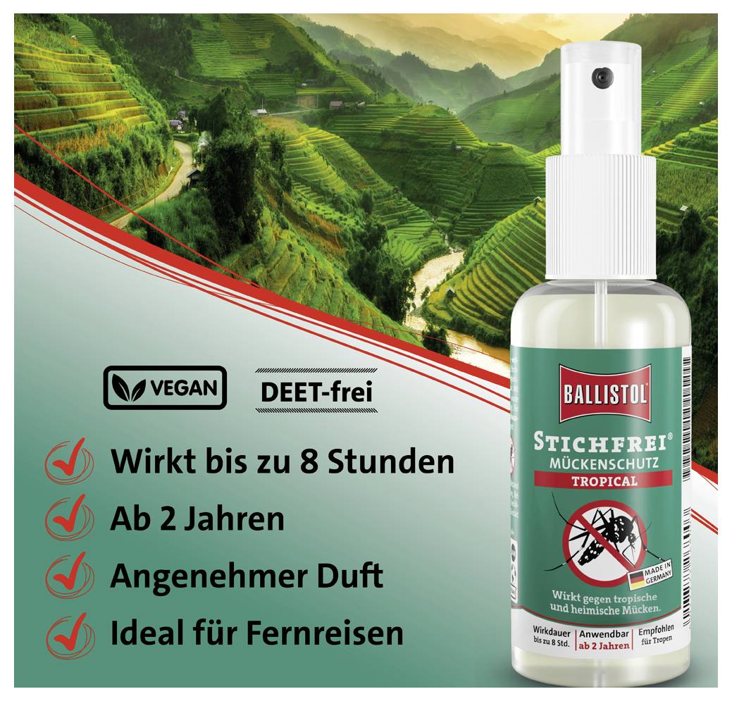 'Ballistol Stichfrei Mückenschutz Tropical', vegan und DEET-frei, wirkt bis 8 Stunden, geeignet ab 2 Jahren, angenehmer Duft, ideal für Fernreisen. Hintergrund zeigt Reisfelder.