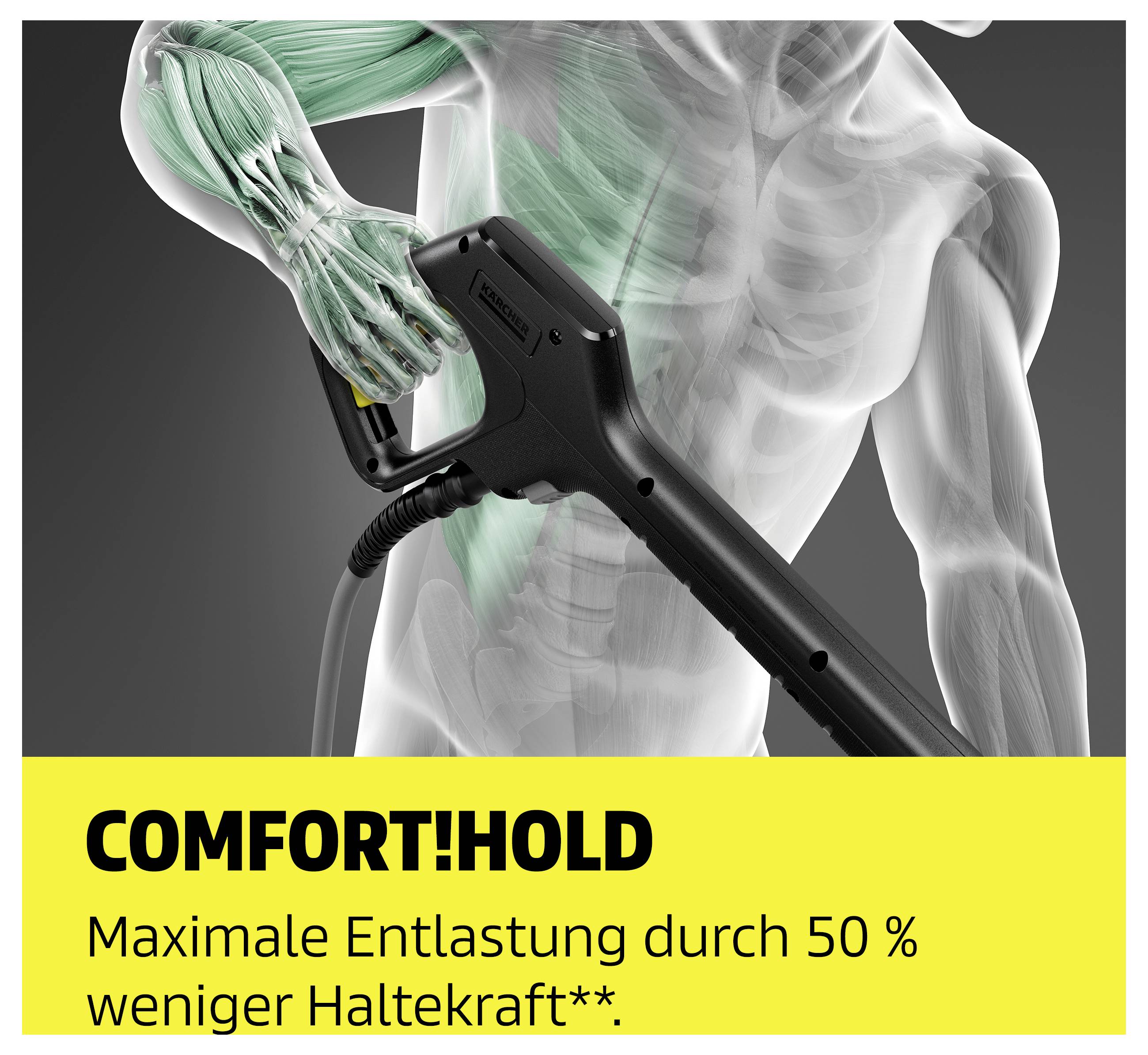 Werbegrafik für einen ergonomischen Griff 'COMFORT-HOLD': eine Hand hält ein Gerät, Text nennt 'Maximale Entlastung durch 50 % weniger Haltekraft**'.