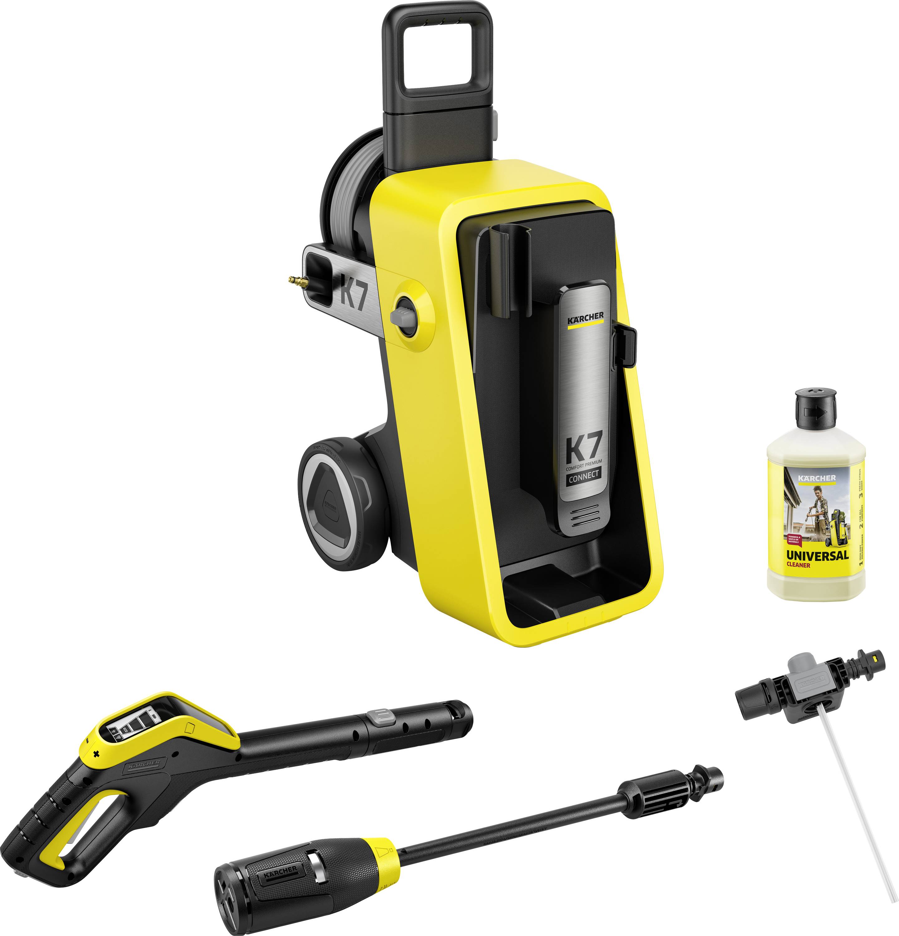 Kärcher K7 Hochdruckreiniger mit Schlauchtrommel, Spritzpistole, Lanze und Waschmittelflasche als Produktset dargestellt.