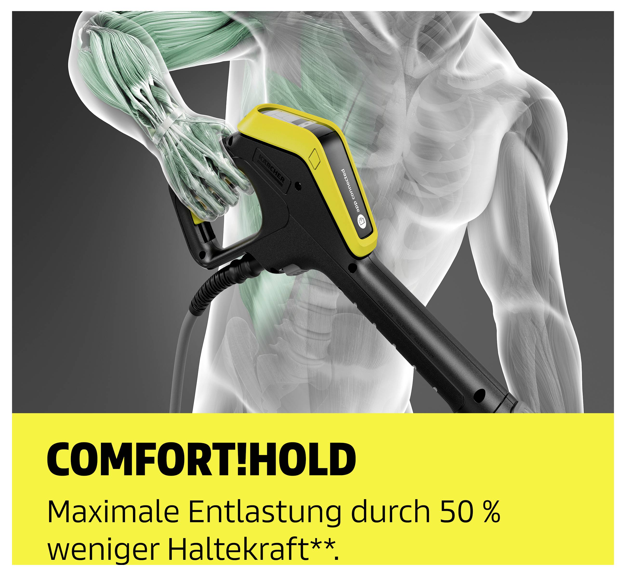 Handgerät mit Griff 'COMFORTHOLD' für maximale Entlastung; Text: 'Maximale Entlastung durch 50 % weniger Haltekraft**.'<br>