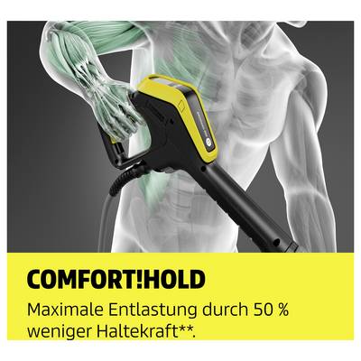 Handgerät mit Griff 'COMFORTHOLD' für maximale Entlastung; Text: 'Maximale Entlastung durch 50 % weniger Haltekraft**.'<br>