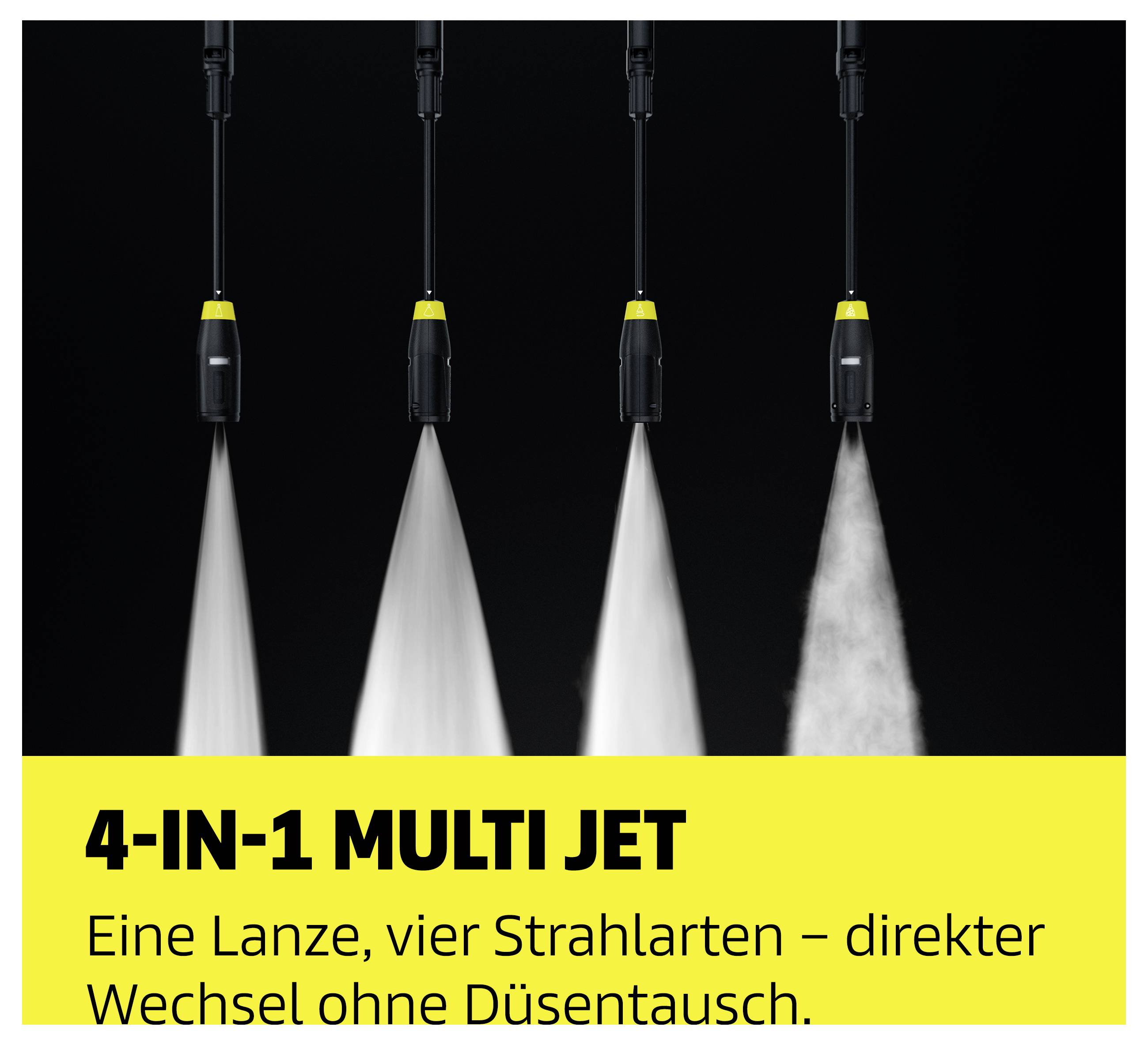 Werbegrafik mit vier Reinigungsstrahlen einer Lanze; Text: '4-IN-1 MULTI JET' und 'Eine Lanze, vier Strahlarten – direkter Wechsel ohne Düsentausch.'<br>