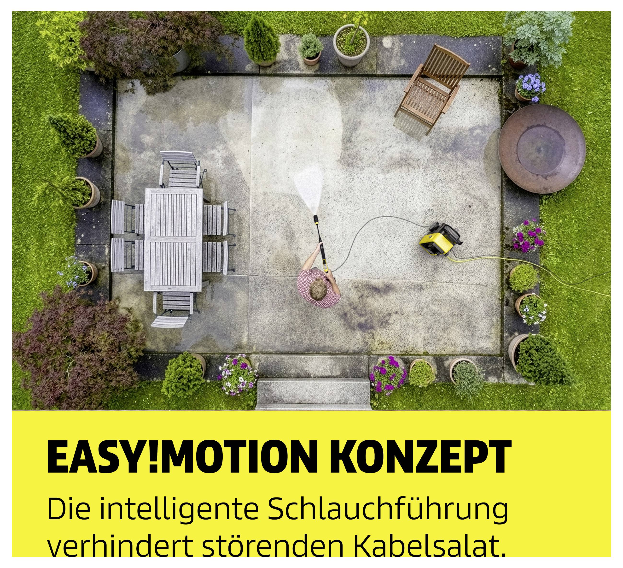 Luftaufnahme eines Gartens mit Person, die Terrasse per Hochdruckreiniger säubert; unten Text: 'EASY!MOTION KONZEPT' und Hinweis auf intelligente Schlauchführung gegen Kabelsalat.