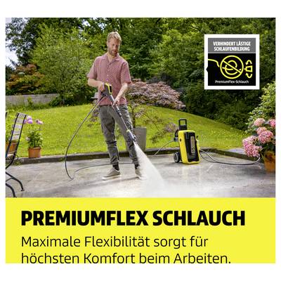 Mann reinigt mit einem Hochdruckreiniger eine Terrasse; Werbung für 'Premiumflex-Schlauch' mit dem Hinweis 'verhindert lästige Schlaufenbildung'.