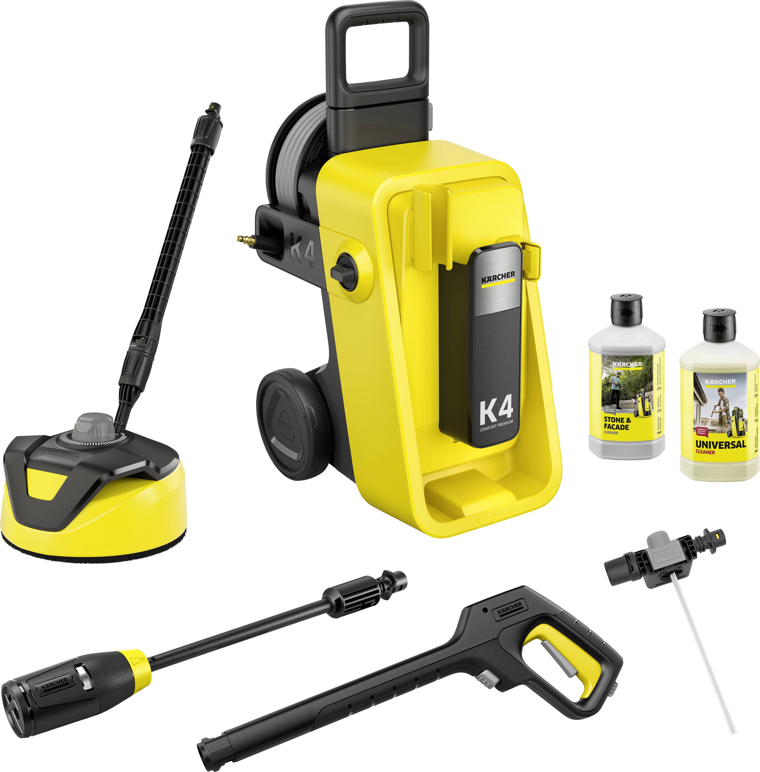 Elektrischer Hochdruckreiniger mit Flächenreiniger, Spritzpistole, Verlängerungslanze und Waschmittelflaschen. Modell „K4" in Gelb und Schwarz.