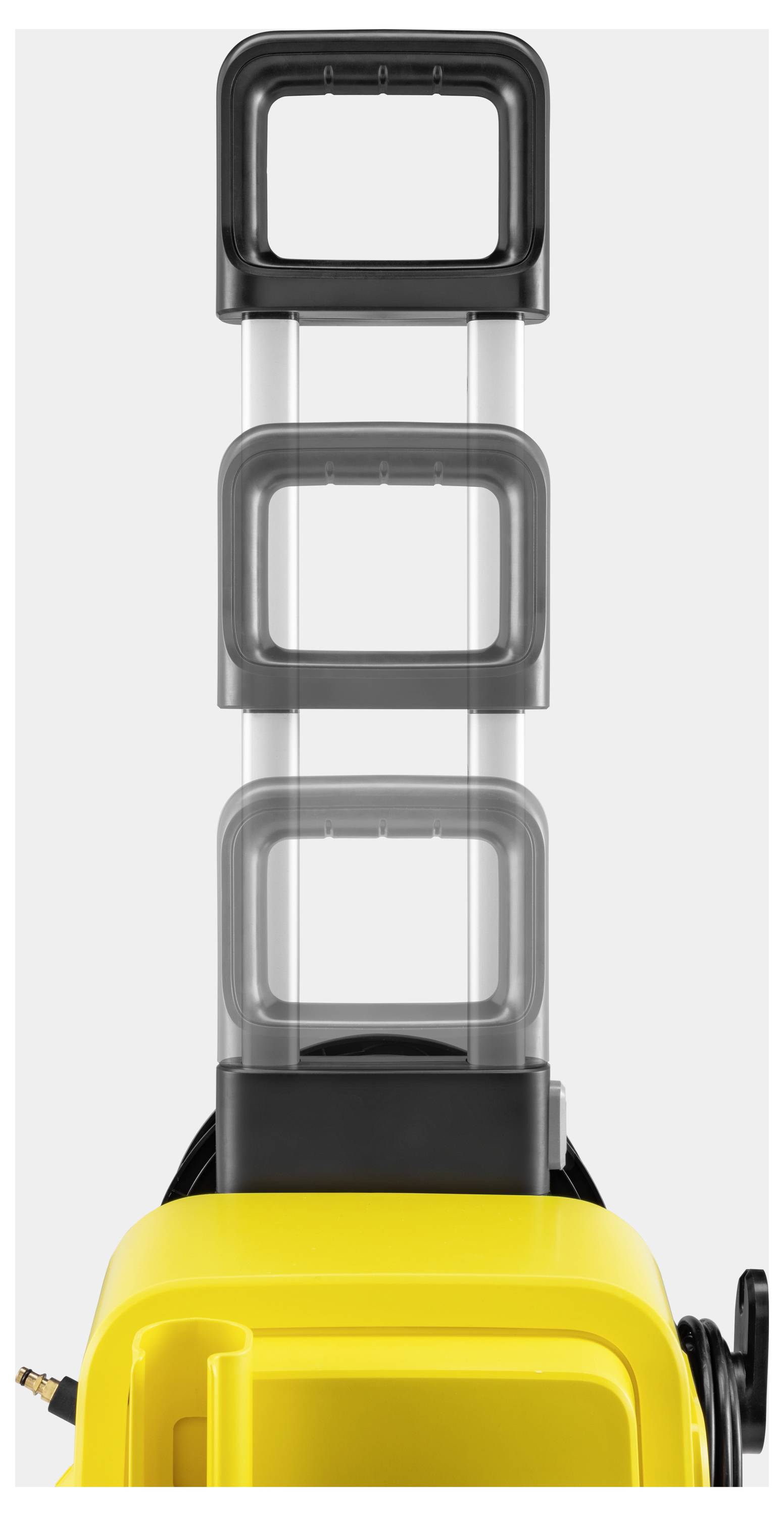 Eine Nahaufnahme des Griffs und des oberen Teils eines gelben Koffers mit ausgefahrenem Teleskopgriff, mit drei schwarzen rechteckigen Griffen.