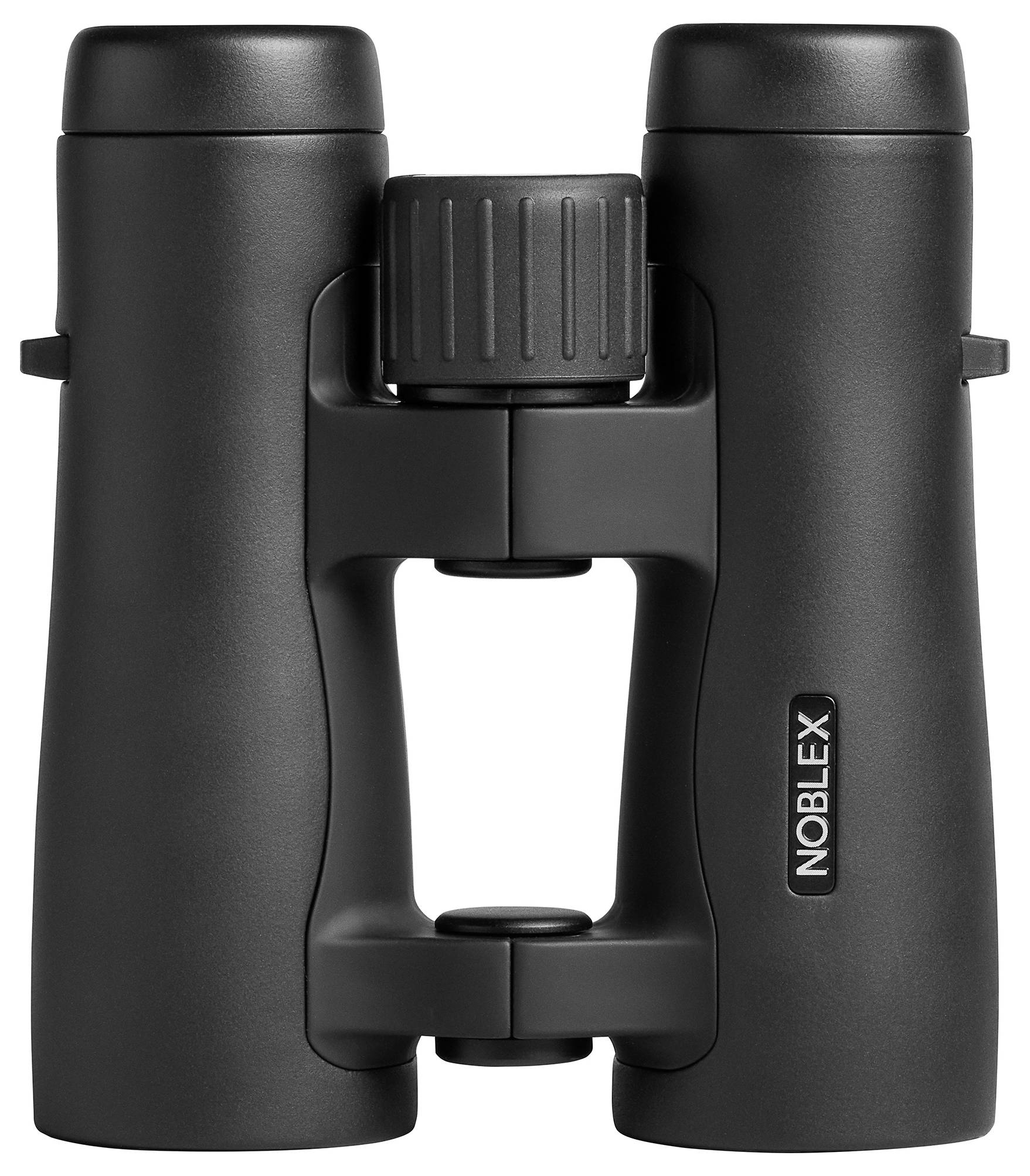 Schwarze Ferngläser mit einem zentralen Fokussiermechanismus und dem Markennamen „Noblex" auf einer Seite.