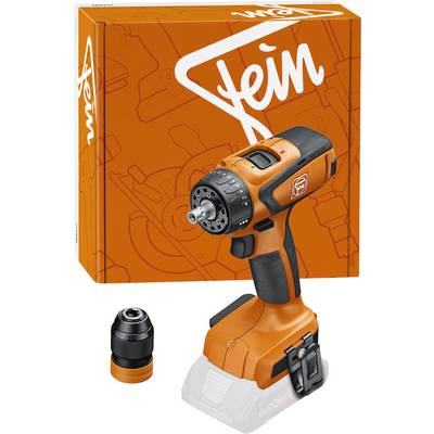Cordlose Bohrmaschine 'Fein' mit orangefarbener Verpackung. Inklusive Zubehörteil.