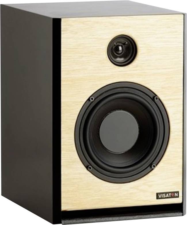 Ein Lautsprecher mit Holzgehäuse mit einem kleinen Hochtöner über einem größeren Tieftöner, mit der Marke „Visaton", vor einem neutralen Hintergrund platziert.