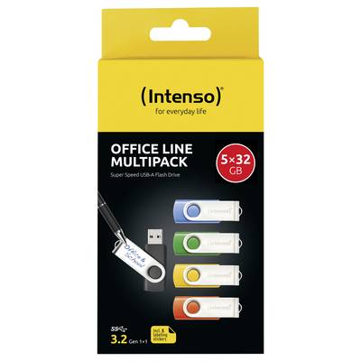 Intenso Office Line Multipack: 5 USB-A Speichersticks, je 32GB, mit farbcodierten Kappen. Inklusive beschreibbare Etiketten zur Kennzeichnung.