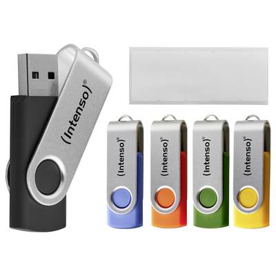 Fünf USB-Speichersticks mit farbigen Enden (schwarz, blau, gelb, orange, grün) und Schwenkmechanismen werden mit austauschbaren Etiketten angezeigt.