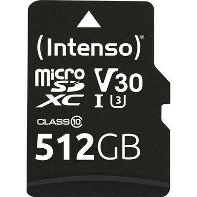 MicroSD-Karte mit der Marke „Intenso", 512GB Speicherkapazität, V30, U3 und Klasse-10-Spezifikationen, die hohe Geschwindigkeiten bei der Datenübertragung ermöglichen.
