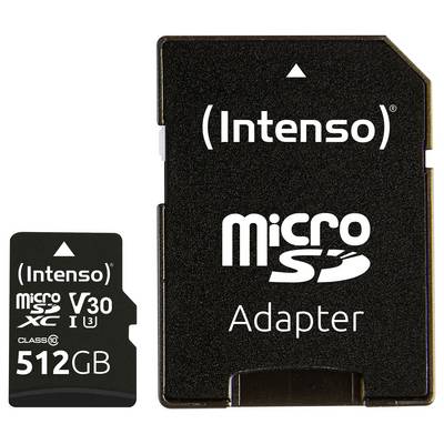 'Intenso 512GB microSD-Karte neben einem Adapter mit V30- und Class-10-Spezifikationen für erweiterte Speicherkapazität und Kompatibilität.'
