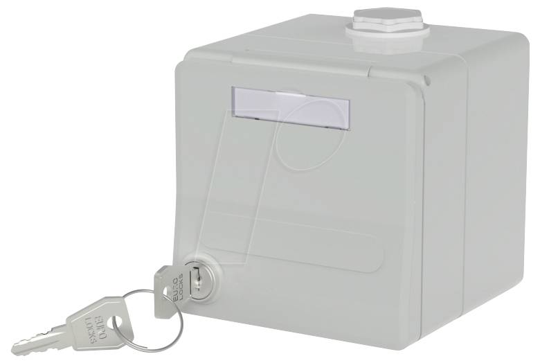 Eine hellgraue Elektroverteilerdose mit einem Schlüsselloch, das ein Paar Schlüssel im Schloss enthält.