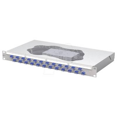 Ein metallisches Rack-Montagefaserpatch-Panel mit mehreren blauen Anschlüssen für die Konnektivität, ausgestattet mit einer transparenten Oberseite für interne Sichtbarkeit.
