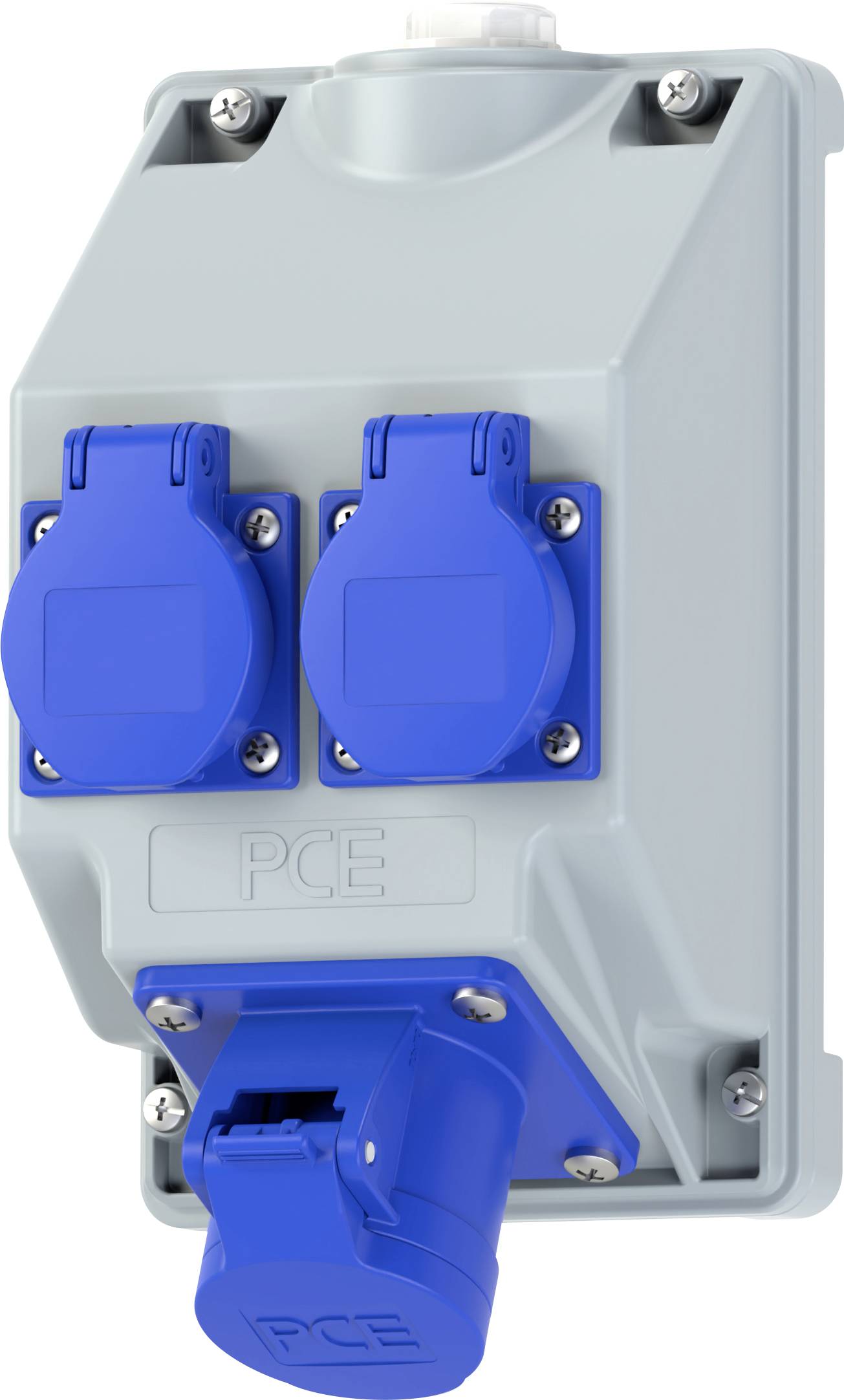 'Bild eines PCE-Industriesteckdose mit zwei blauen Steckerschutzkappen und einem Stecker am unteren Ende. Die Steckdosenbasis ist grau.'