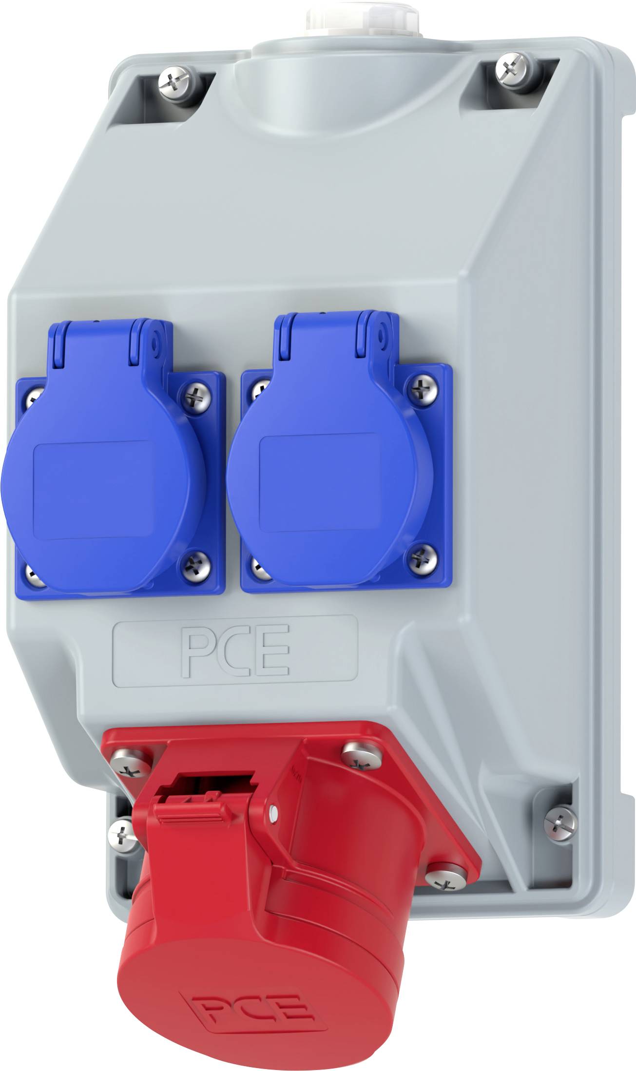 Eine graue Elektroverteilerdose mit zwei blauen und einer roten Steckdose, gekennzeichnet mit „PCE". Die Dose verfügt über Befestigungsschrauben und ist für industrielle Verwendung konzipiert.