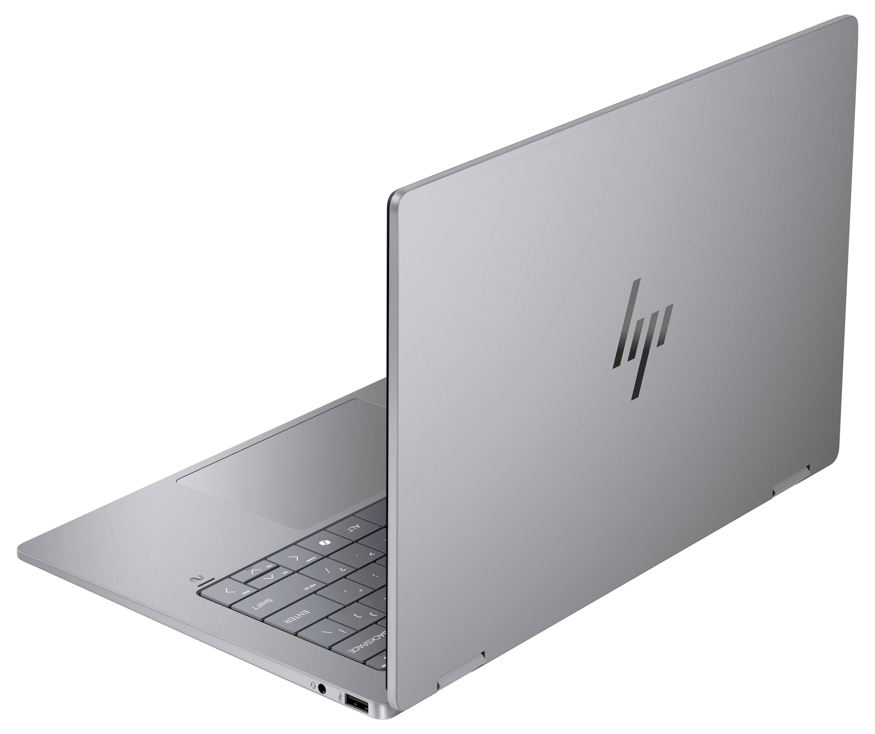 Ein schlanker silberner Laptop, teilweise geöffnet, mit einer minimalistischen Tastatur. Das HP-Logo ist auf dem Deckel sichtbar.