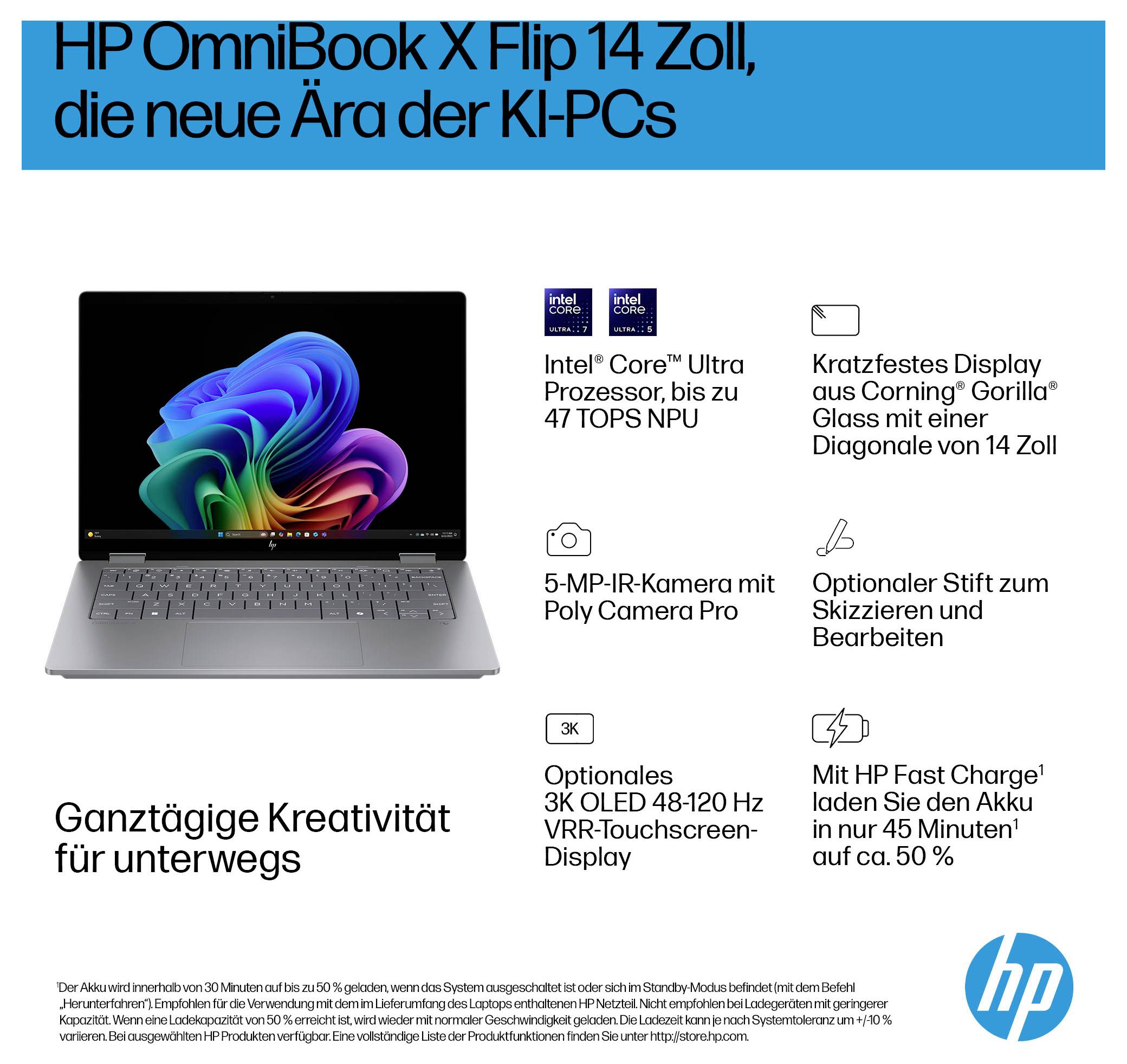 HP OmniBook X Flip 14 Zoll: Präsentiert Laptop mit Intel Core Ultra Prozessor, 3K OLED-Display, Gorilla Glass und 5-MP-Kamera.