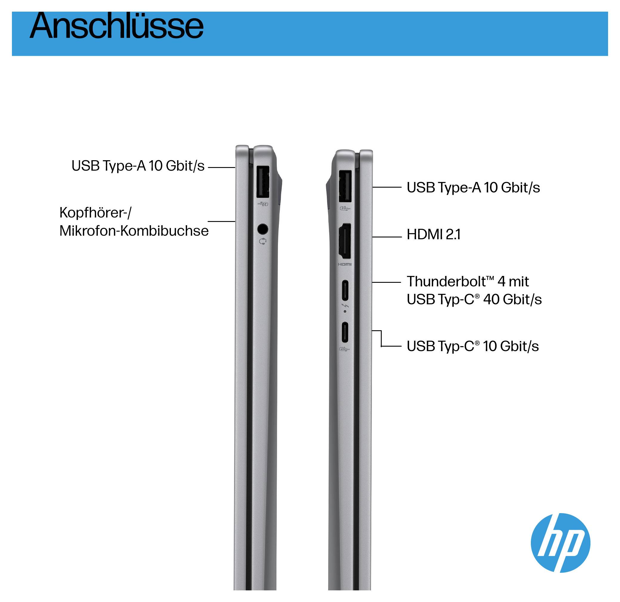 'Anschlüsse: USB Type-A 10 Gbit/s, Kopfhörer-/Mikrofon-Kombibuchse, HDMI 2.1, Thunderbolt™ 4 mit USB Typ-C® 40 Gbit/s.'