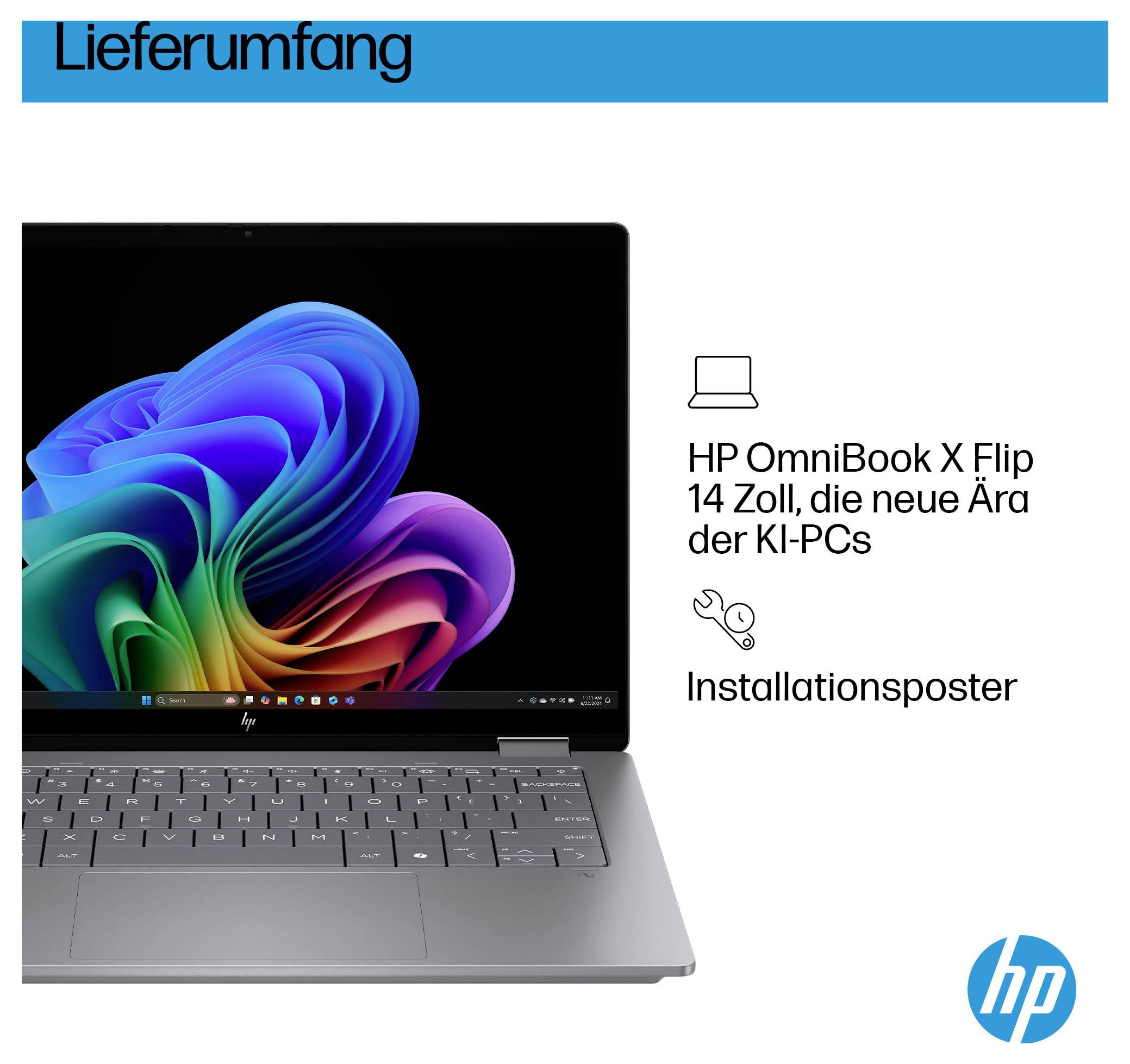 'HP OmniBook X Flip 14 Zoll, die neue Ära der KI-PCs. Lieferumfang: Installationsposter.' Das Bild zeigt einen Laptop mit farbigem Bildschirm.