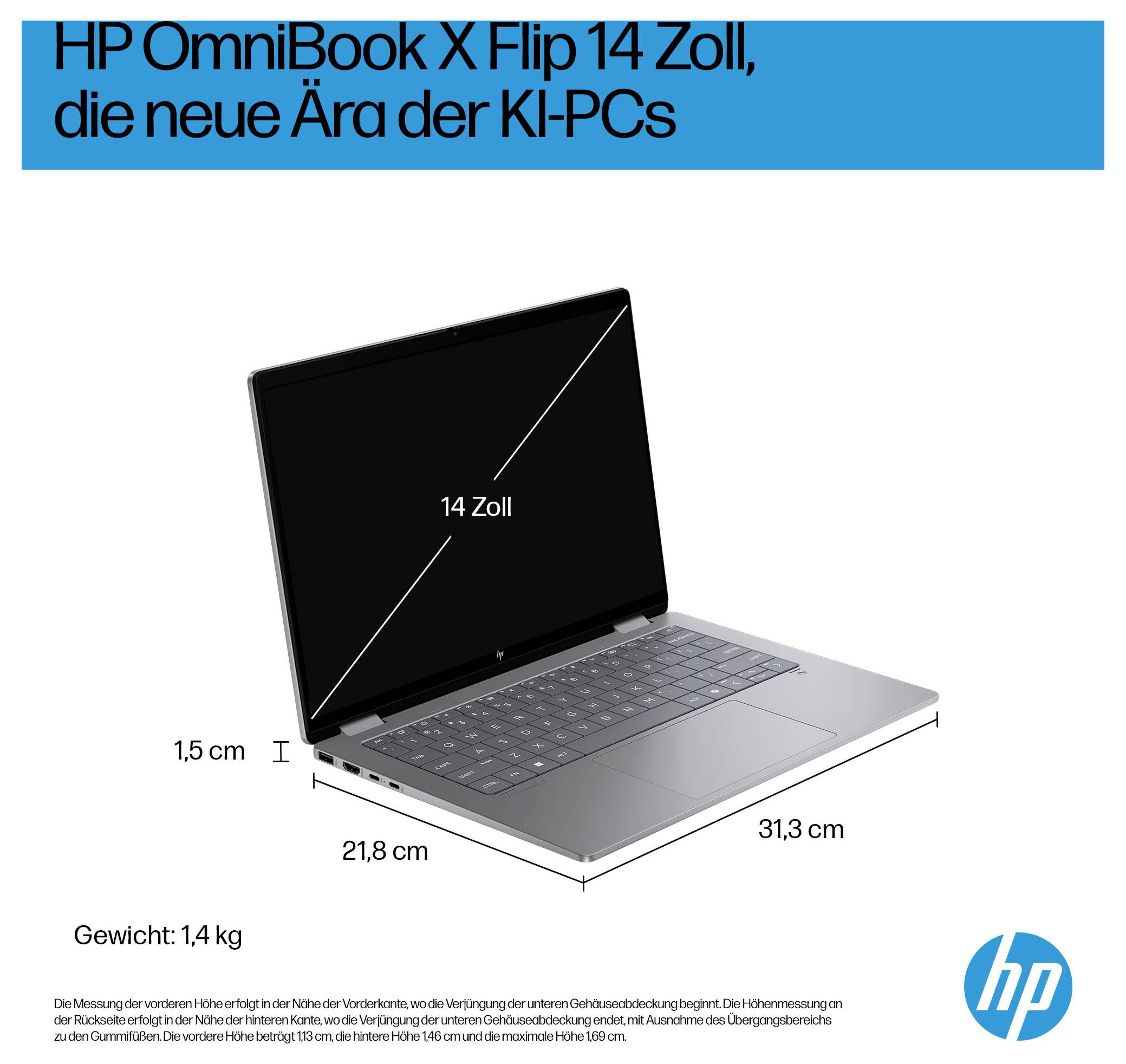 Ein silberner Laptop, HP OmniBook X Flip 14 Zoll, auf Tisch. Maße: 14 Zoll Bildschirm, 31,3 cm Breite, 21,8 cm Tiefe, 1,5 cm Höhe. Gewicht: 1,4 kg.