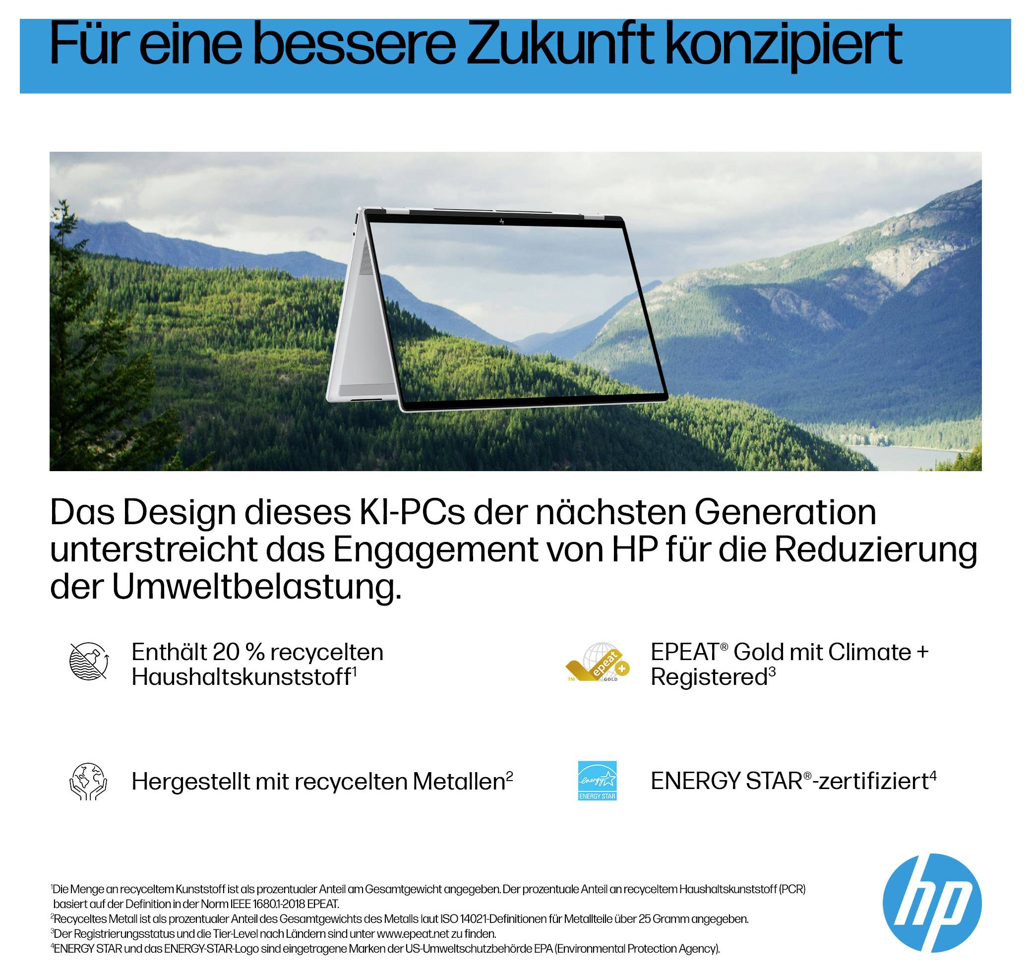 'Laptop mit Text 'Für eine bessere Zukunft konzipiert'. Beschreibung der nachhaltigen Materialien und Umweltzertifizierungen.'