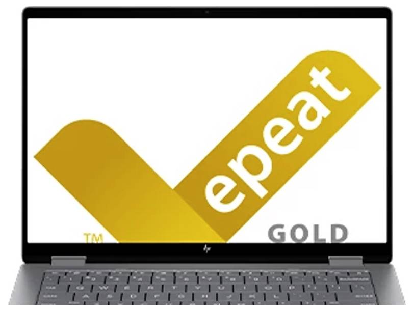 Laptop mit „EPEAT GOLD"-Zertifizierungslogo auf dem Bildschirm, das einen hohen Umweltleistungsstandard für Elektronik anzeigt.