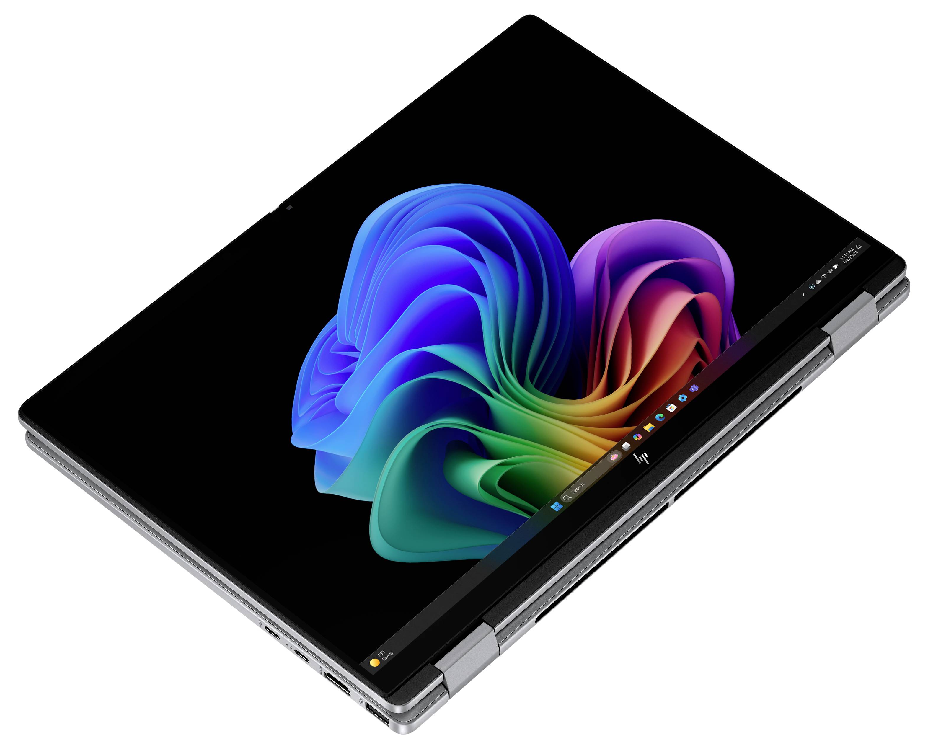 Ein Convertible-Laptop im Tablet-Modus zeigt ein lebhaftes abstraktes Design auf dem Bildschirm, mit bunten, fließenden Formen auf schwarzem Hintergrund.