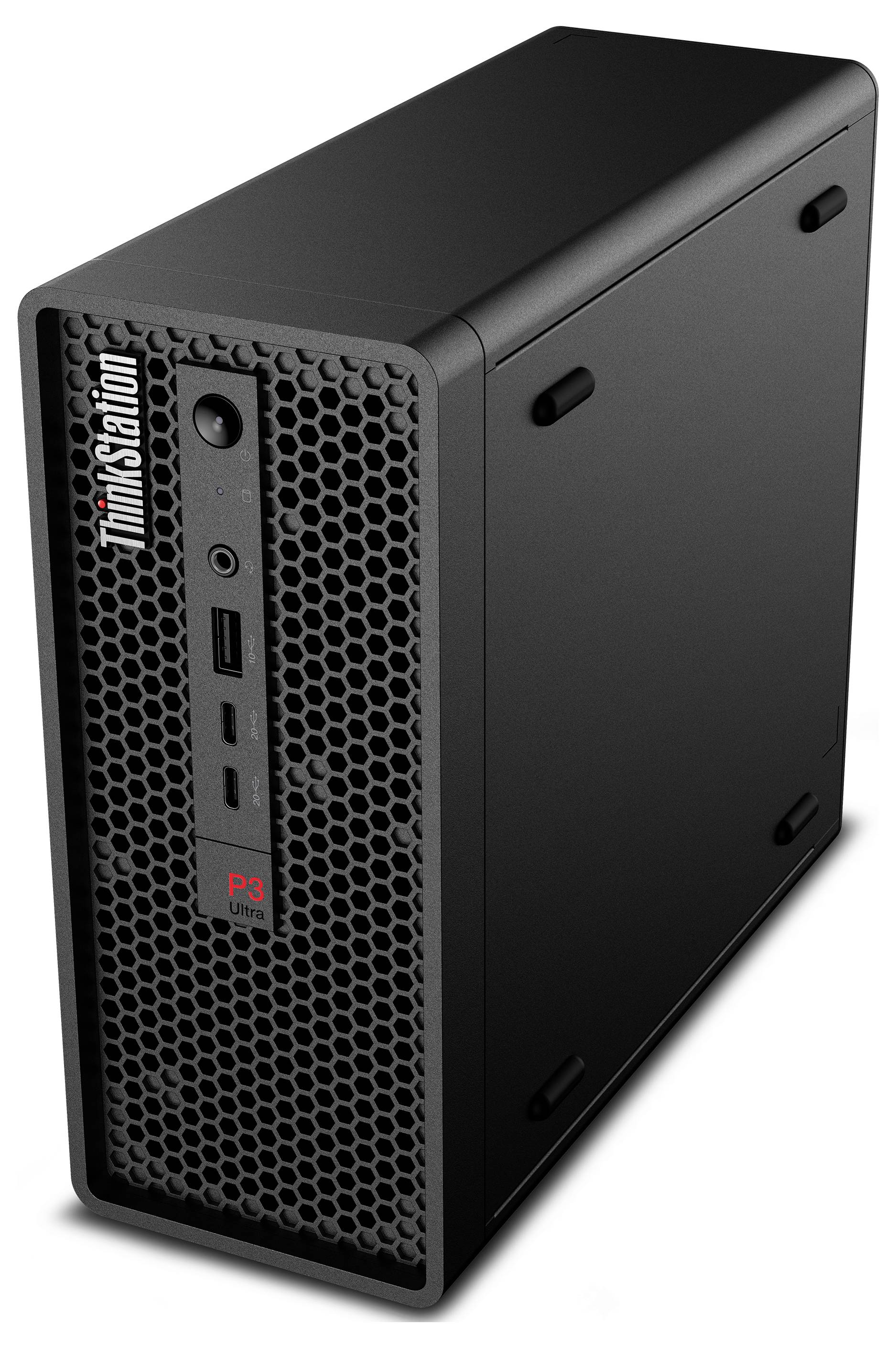 „Ein kompakter schwarzer Desktop-Computer mit einer wabengemusterten Frontplatte, ausgestattet mit USB-Anschlüssen und einem Netzschalter. Mit der Bezeichnung ‚ThinkStation P3'."