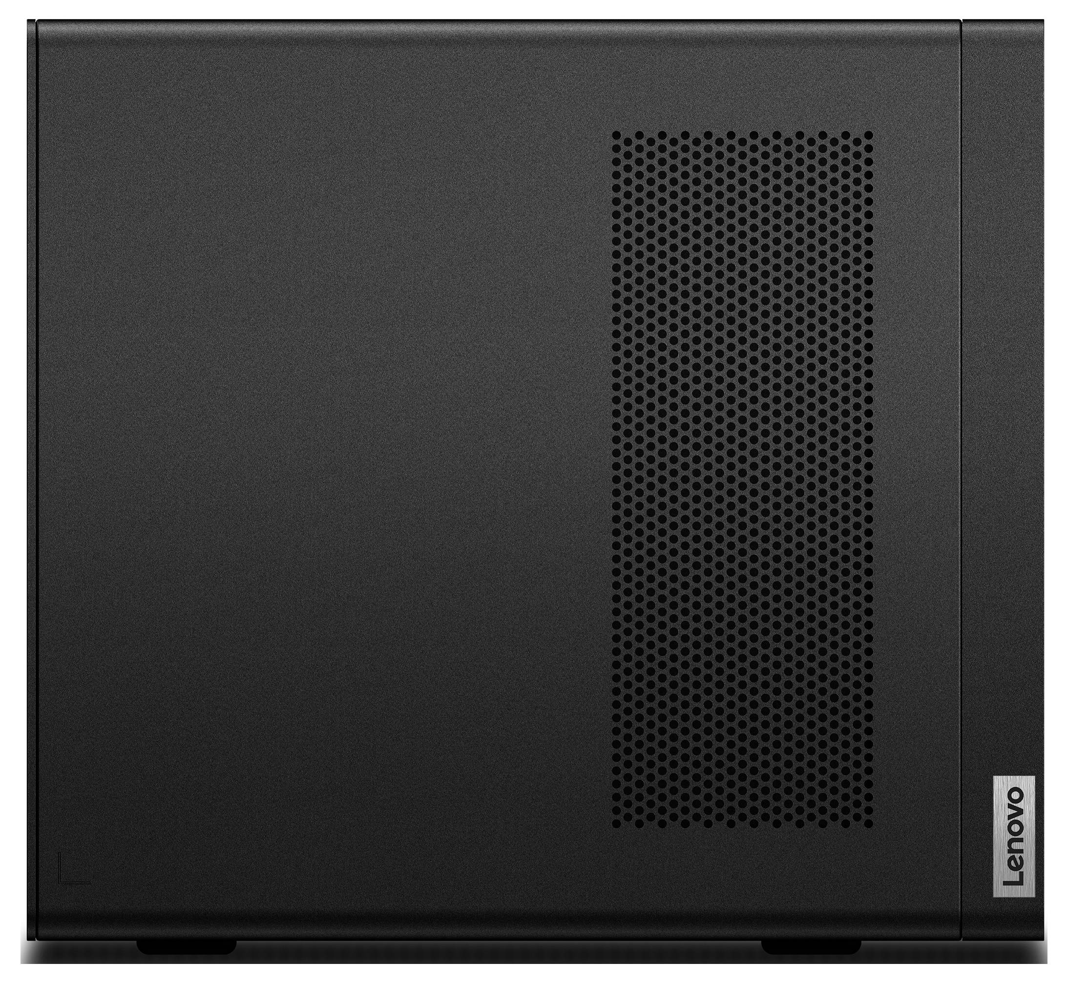 Ein schwarzer Lenovo-Computer-Tower mit Belüftungslöchern an der Seite, mit minimalistischem Design.