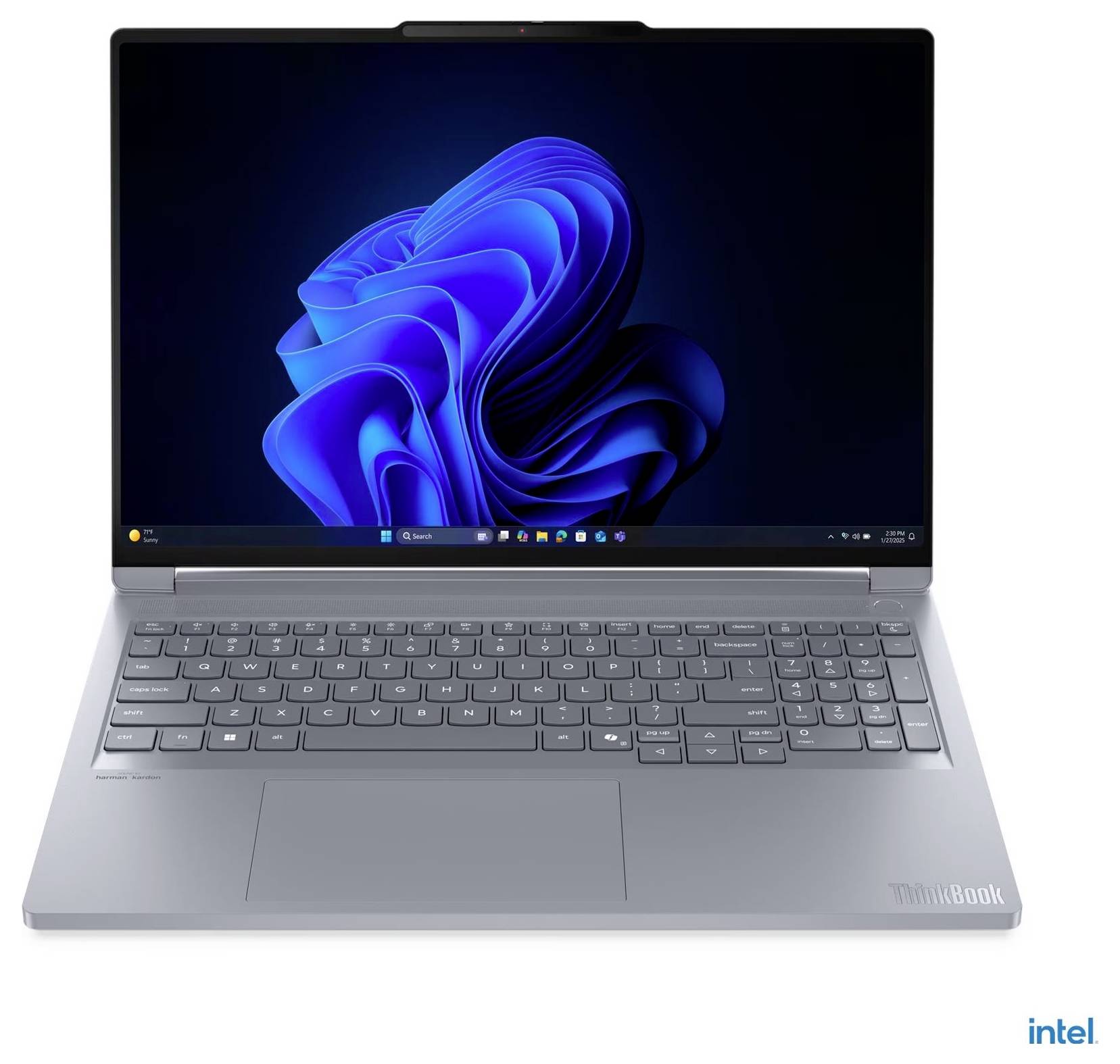 Ein eleganter Laptop mit grauer Tastatur zeigt einen Windows-Betriebssystem-Bildschirm mit einer blauen abstrakten Form. Das "Intel"-Logo wird angezeigt.