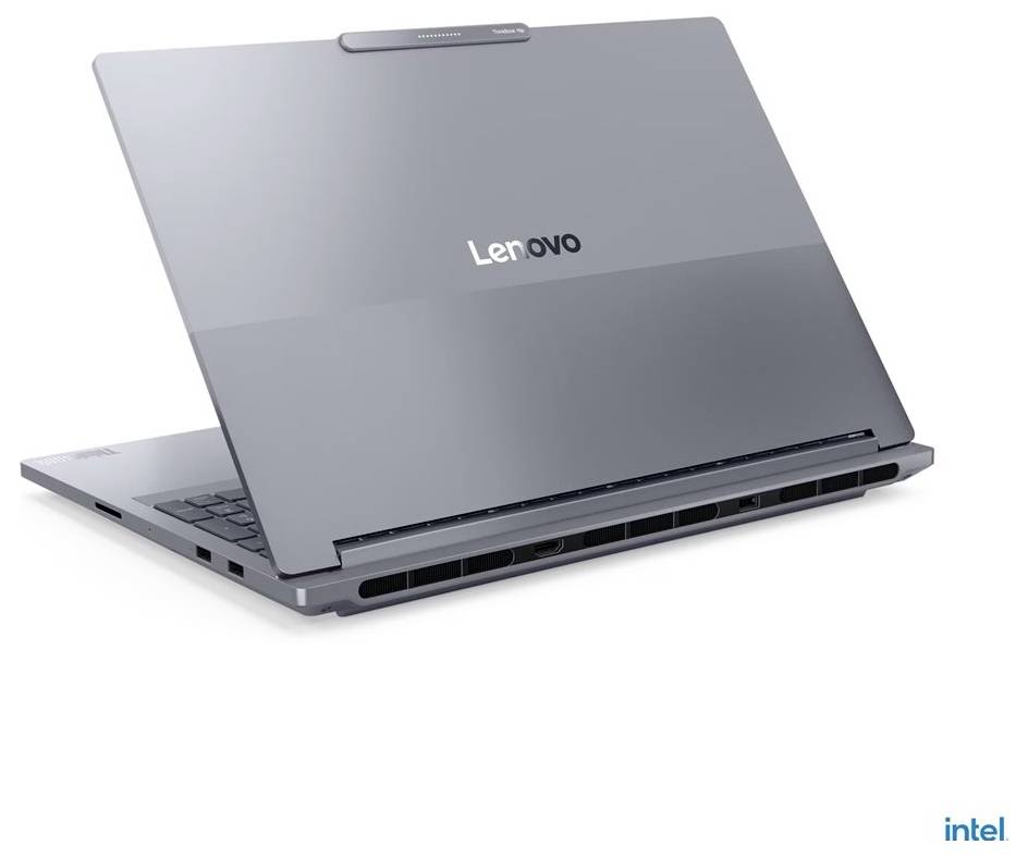 Ein eleganter Lenovo-Laptop in Silber, von hinten gezeigt, leicht geöffnet, mit dem Lenovo-Logo auf der Anzeige.
